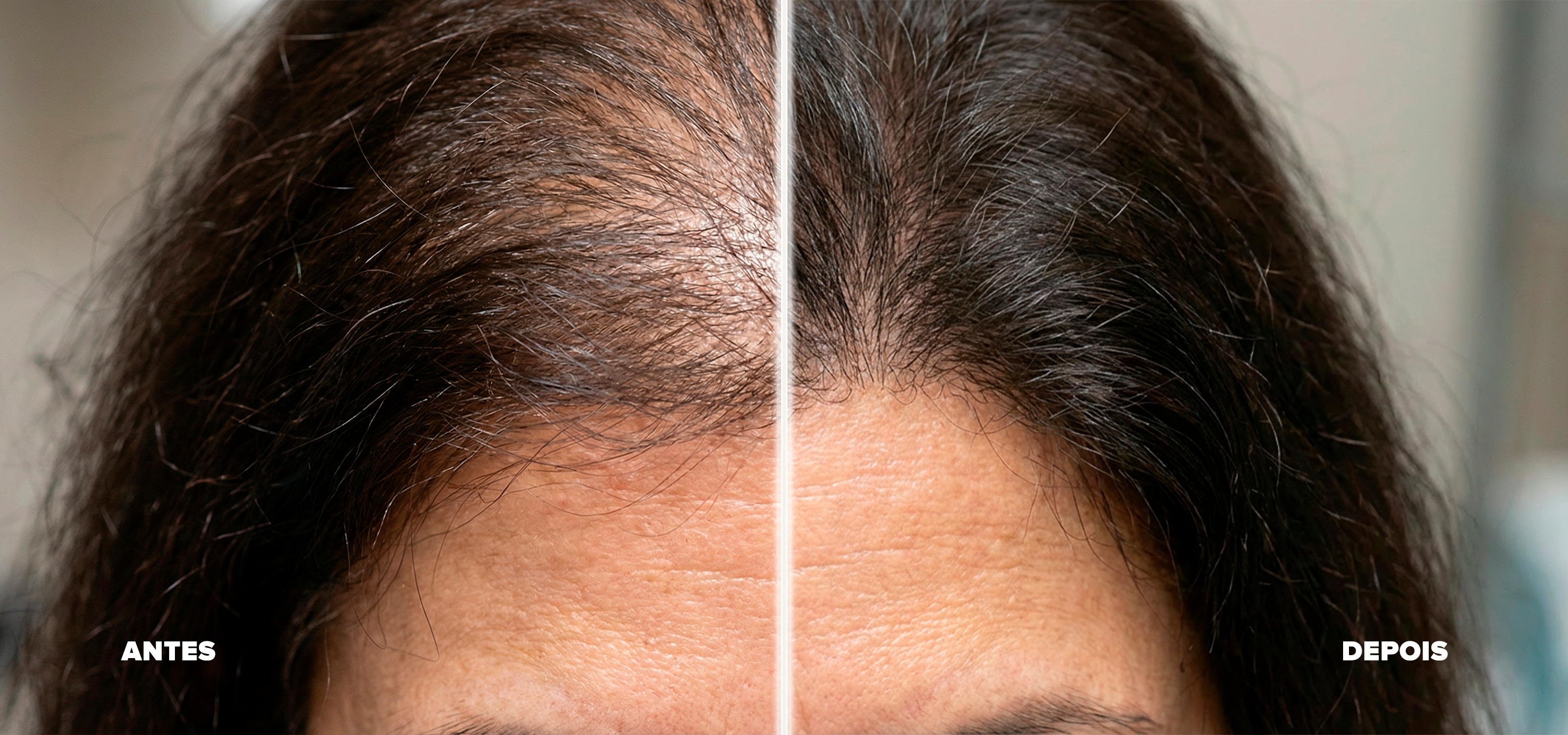 Imagem dividida ao meio, de uma pessoa morena. De um lado, um cabelo ralo e com falhas - antes de usar a Linha UltraResistance - e do outro lado, um cabelo com vida e com as falhas preenchidas - após usar o a Linha UltraResistance.