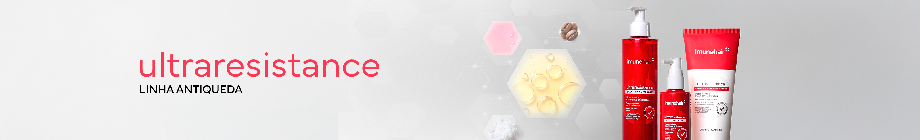 Apresentação da Linha Antiqueda da Imunehair, na qual a embalagem dos produtos são vermelhas, composta por Shampoo, Condicionador e Tônico. Destaque para os ativos potentes que formam a linha: Vitamin-Complex (C, E, B6), Imunexidil IH, Niacinamida e Cafeína.
