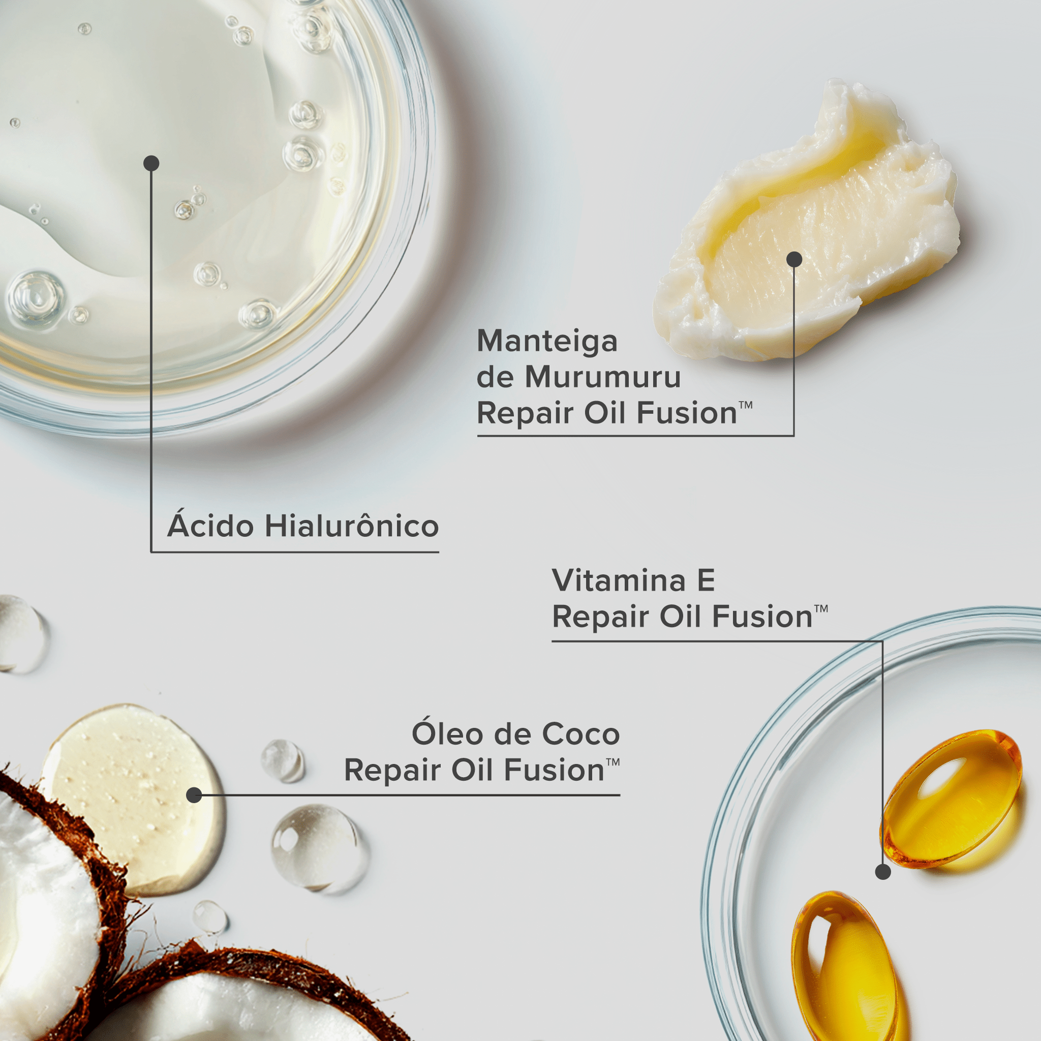 Plaquetas com os principais ativos do Condicionador Reconstutor Pro Recovery RX: manteiga de murumuru, repair oil fusion, ácido hialurônico, vitamina E e óleo de coco.
