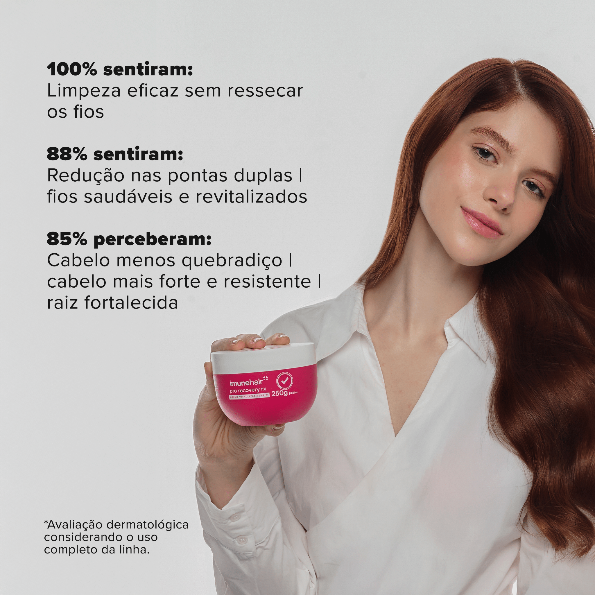 Mulher ruiva segurando uma máscara capilar rosa de reconstrução com 250g, destacando testes clínicos do uso da linha. 100% sentiram limpeza eficaz sem ressecamento, 88% sentiram redução nas pontas duplas e 85% perceberam que o cabelo ficou mais forte e resistente.
