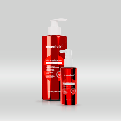 Embalagem vermelha do shampoo e tônico, com os nomes UltraResistance Shampoo Antiqueda de 380ml e UltraResistance Tônico Antiqueda de 80ml.