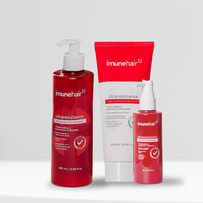 Embalagem vermelha do shampoo, condicionador e tônico, com os nomes UltraResistance Shampoo Antiqueda de 380ml, UltraResistance Condicionador Fortificante de 200ml e UltraResistance Tônico Antiqueda de 80ml.