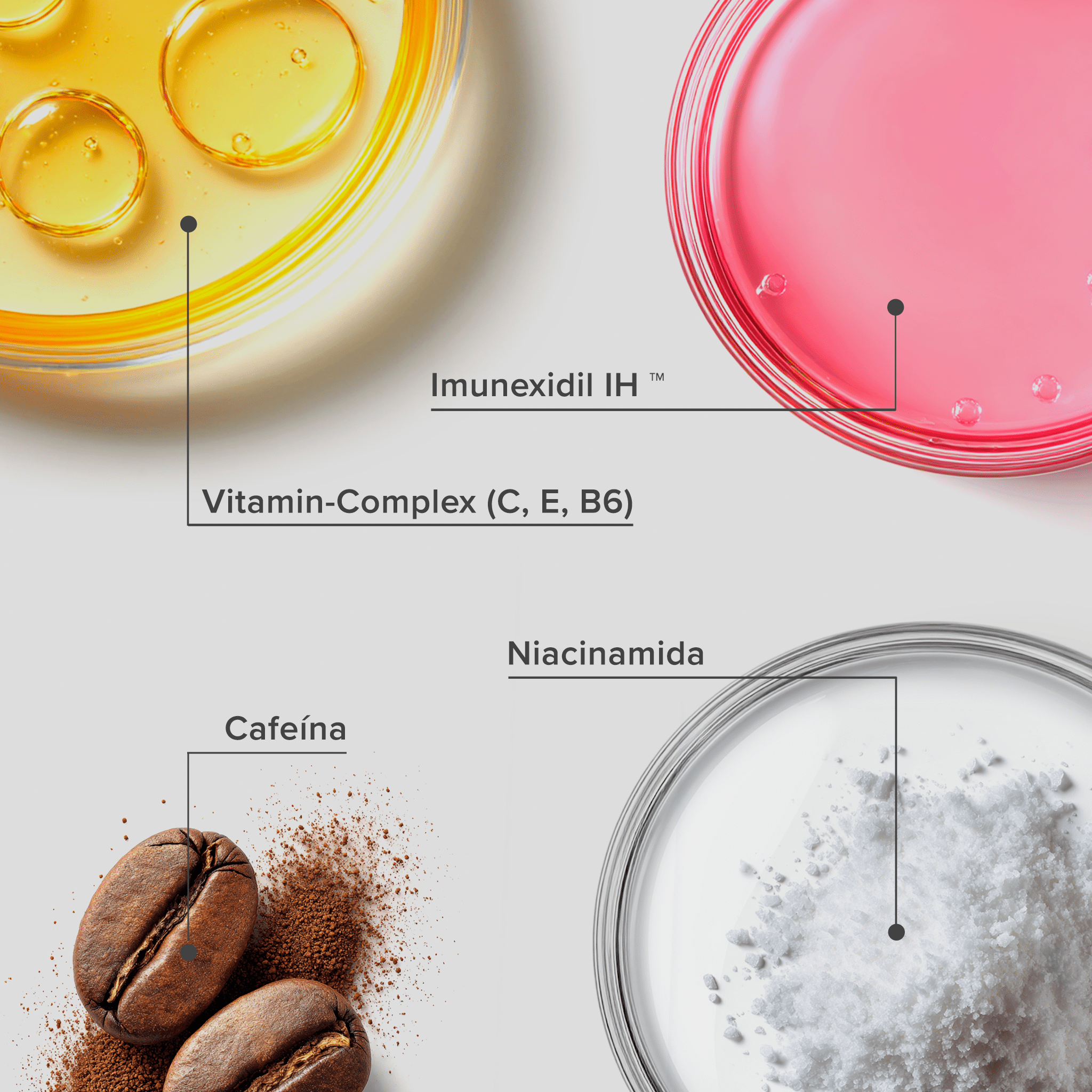 Plaquetas com os principais ativos da Linha Antiqueda UltraResistance: imunexidil IH, vitamin-complex, niacinamida e cafeína.