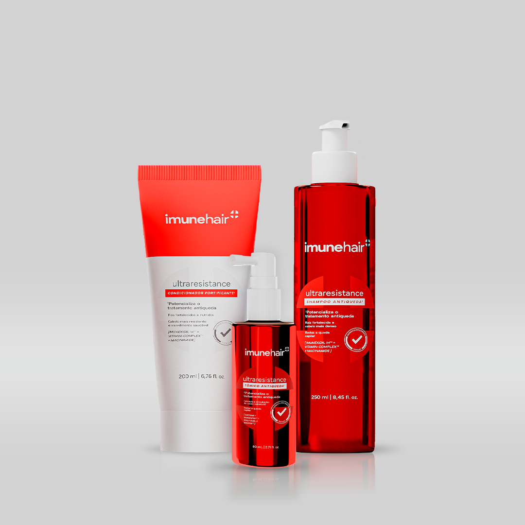 Embalagem vermelha do shampoo, condicionador e tônico, com os nomes UltraResistance Shampoo Antiqueda de 250ml, UltraResistance Condicionador Fortificante de 200ml e UltraResistance Tônico Antiqueda de 80ml.