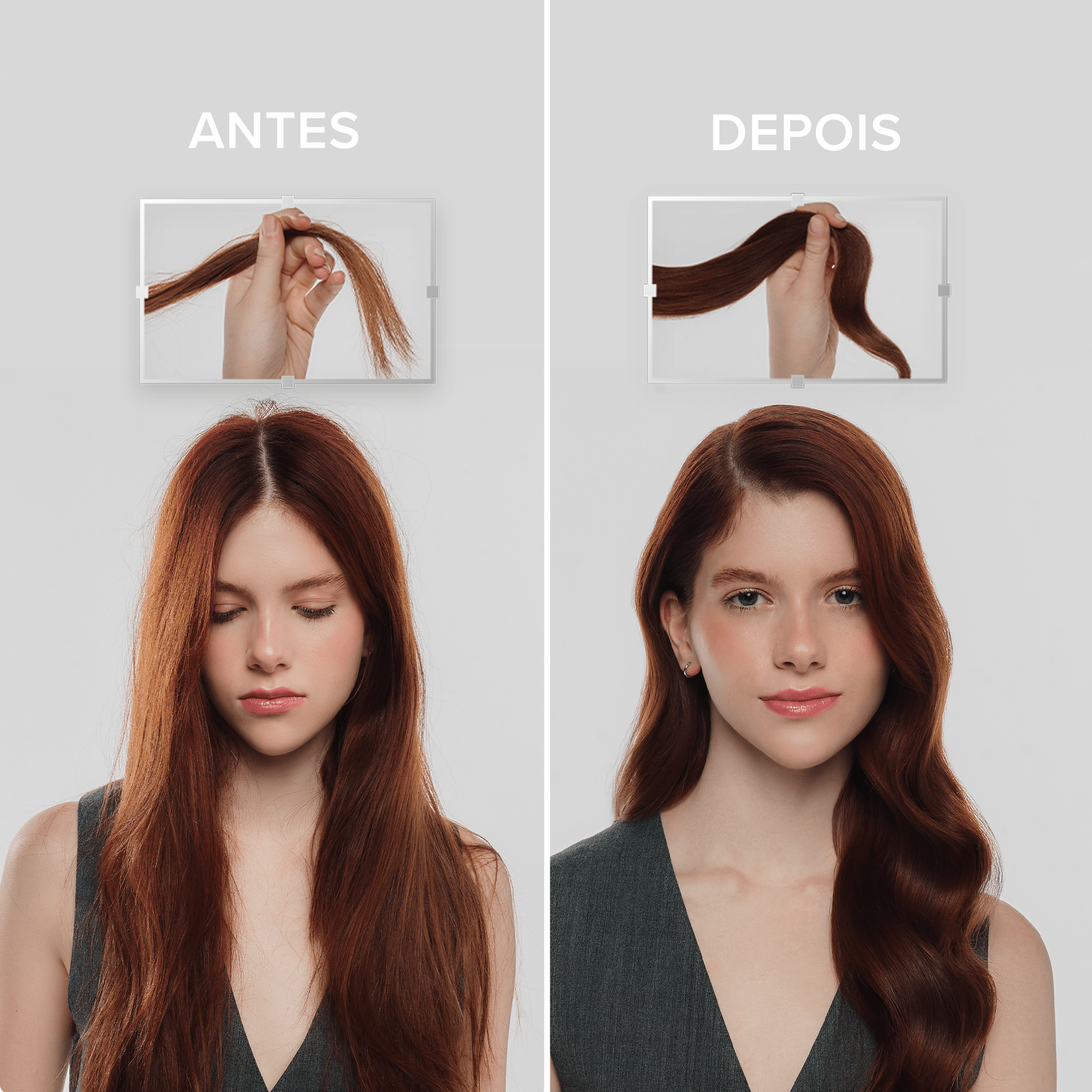 Mulher ruiva mostrando como seu cabelo era antes e depois de usar os produtos da Linha Reconstrutora Pro Reovery RX. Antes era um cabelo ralo e sem vida. Depois um cabelo cheio, selado e brilhoso.