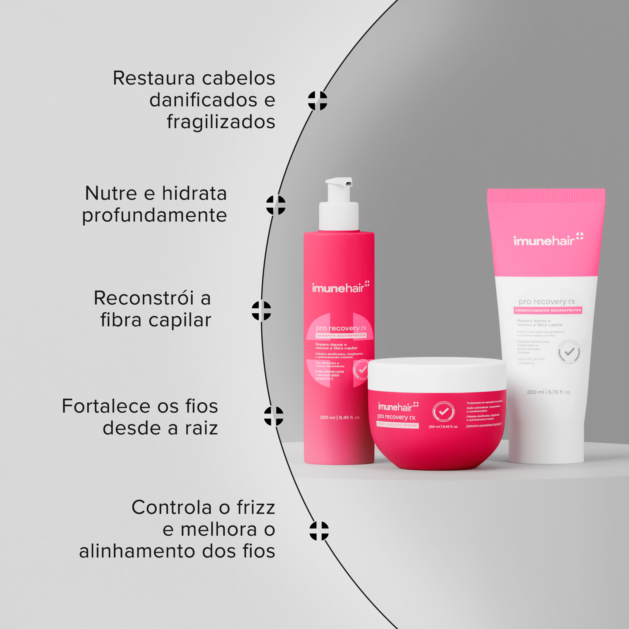 Shampoo, máscara e condicionador da Linha Reconstrutora Pro Recovery responsáveis por restaurar, nutrir, hidratar, reconstruir, fortalecer e controlar o frizz de cabelos danificados e fragilizados.