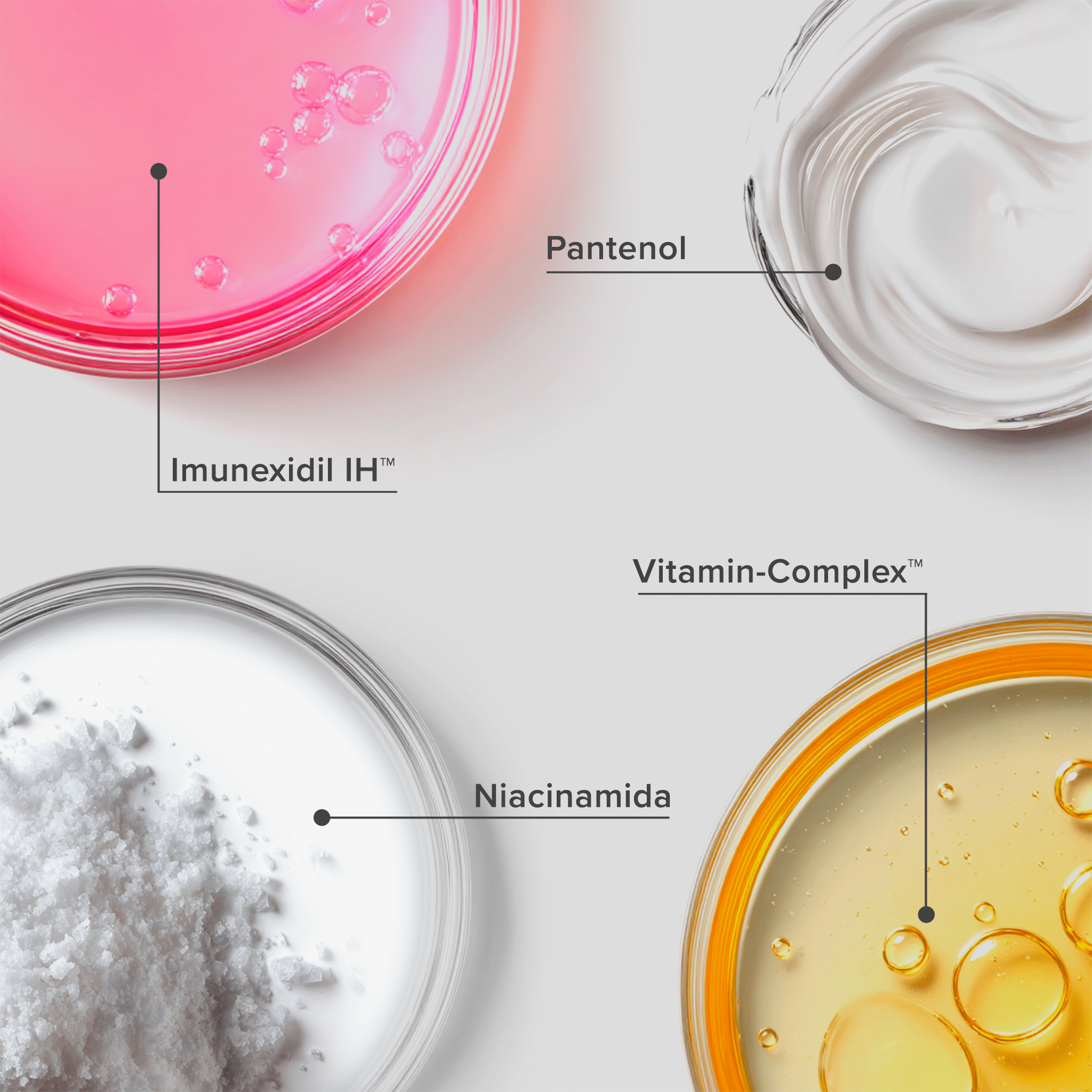 Plaquetas com os principais ativos do Shampoo Antiqueda UltraResistance: pantenol, imunexidil IH, vitamin-complex e niacinamida.