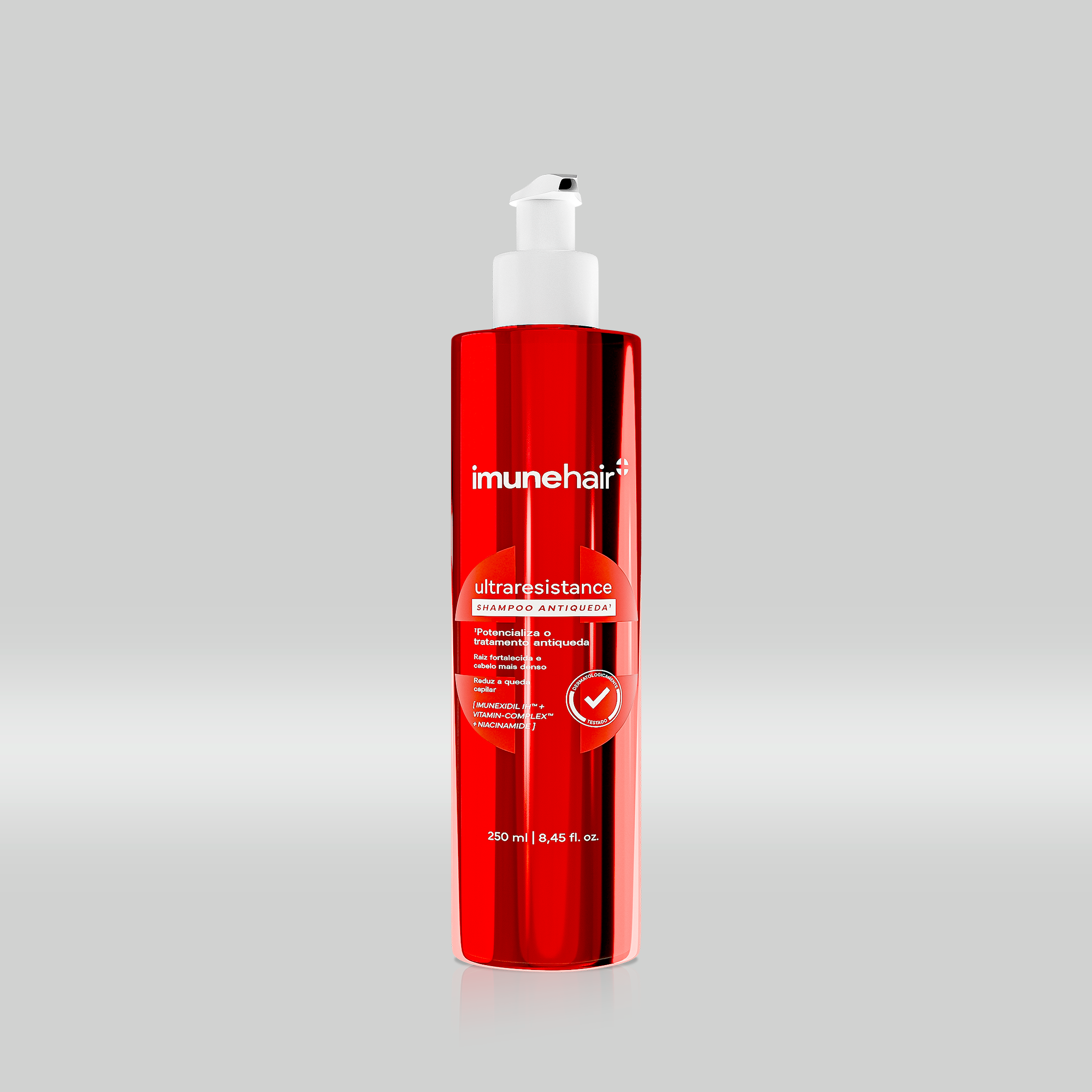 Embalagem vermelha do shampoo antiqueda, com o nome Ultraresistance Shampoo Antiqueda de 250ml.