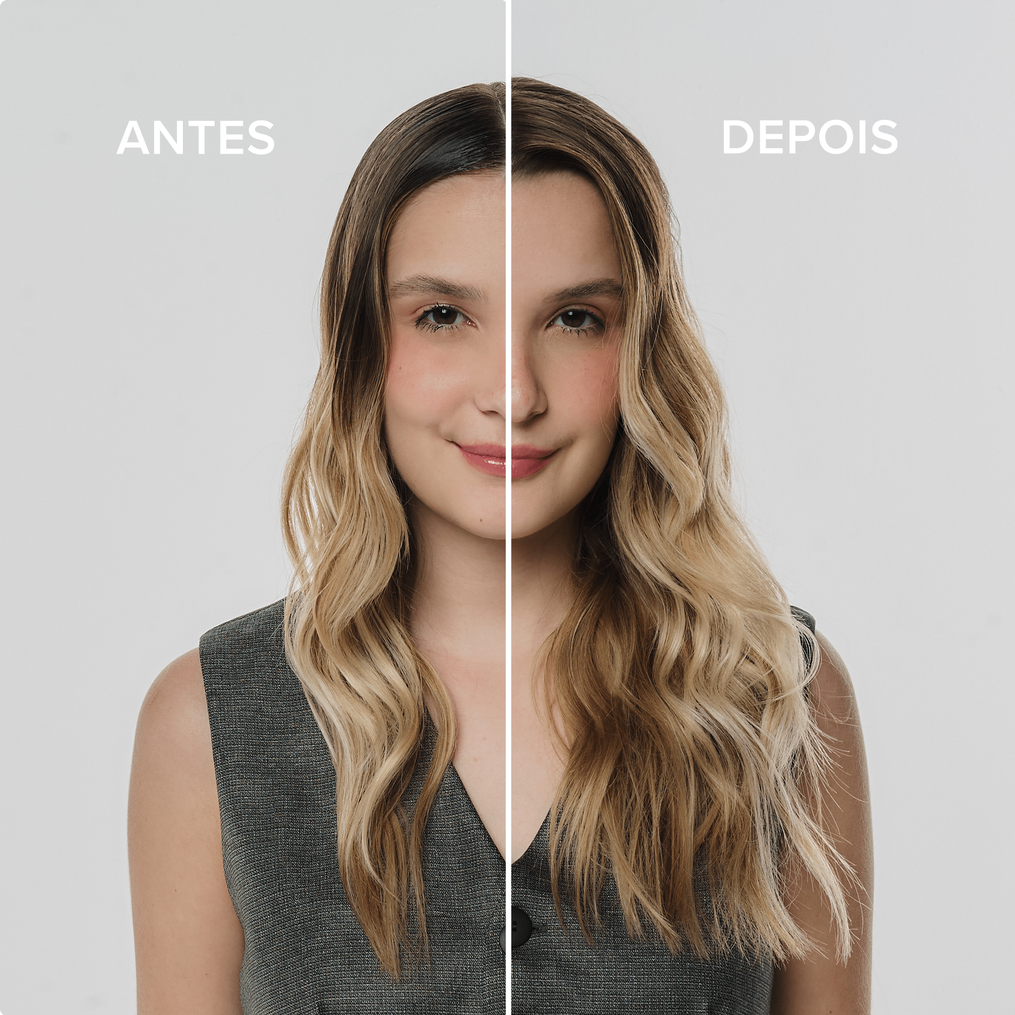 Mulher loira mostrando o antes e depois do uso do Shampoo Purificante Oil Balance. Antes do uso é um cabelo oleoso, rígido e sem brilho natural. Depois do uso, o cabelo está mais solto, leve, sem oleosidade e com aparência saudável.