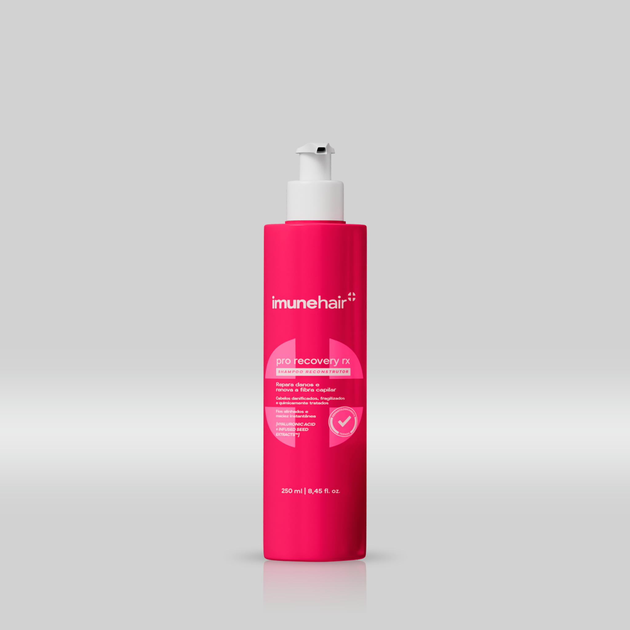 Embalagem rosa do shampoo reconstrutor, com o nome Pro Recovery RX Shampoo Reconstrutor de 250ml.