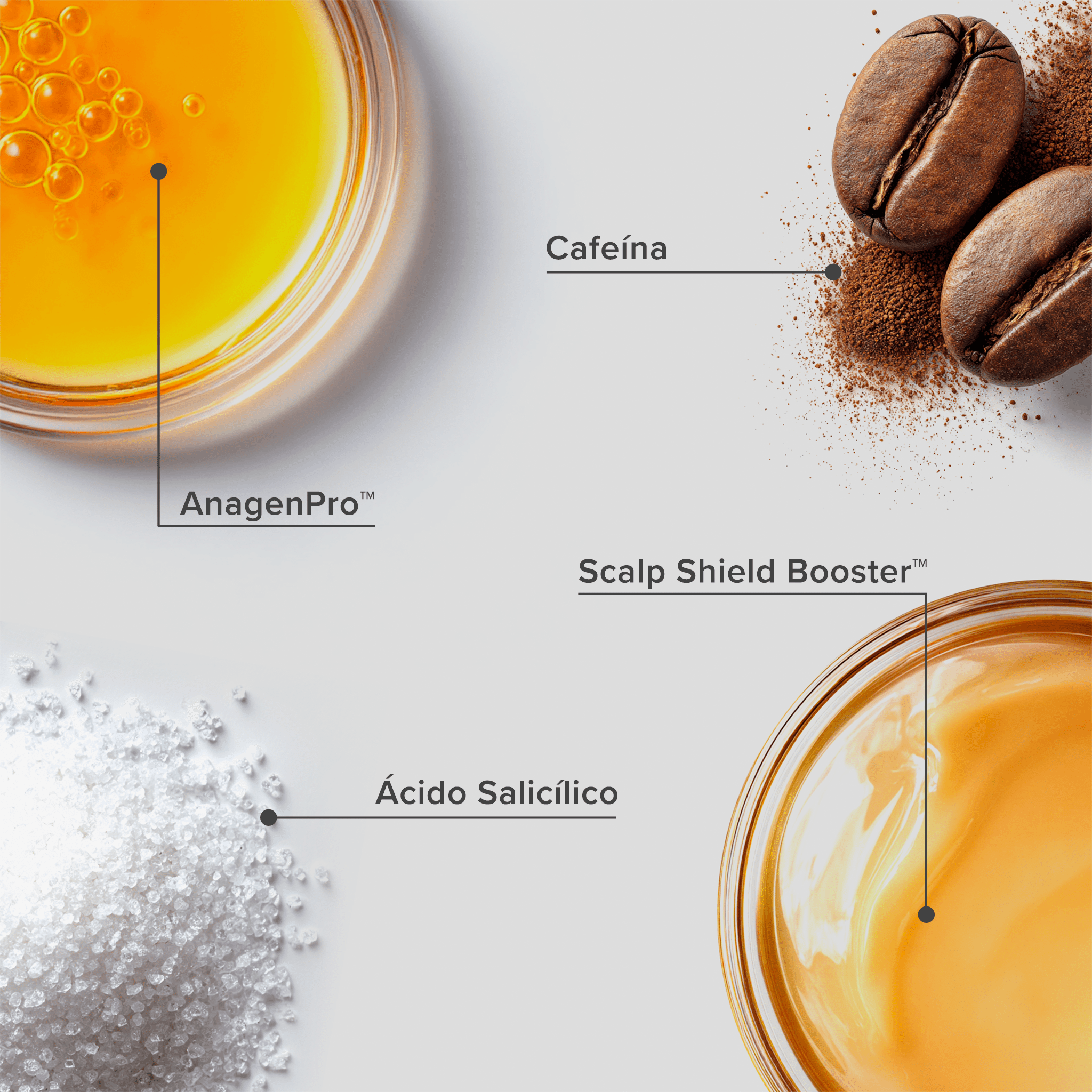 Plaquetas com os principais ativos do Tônico Antiqueda Ultraresistance: cafeína, anagenpro, scalp shield booster e ácido salicílico.