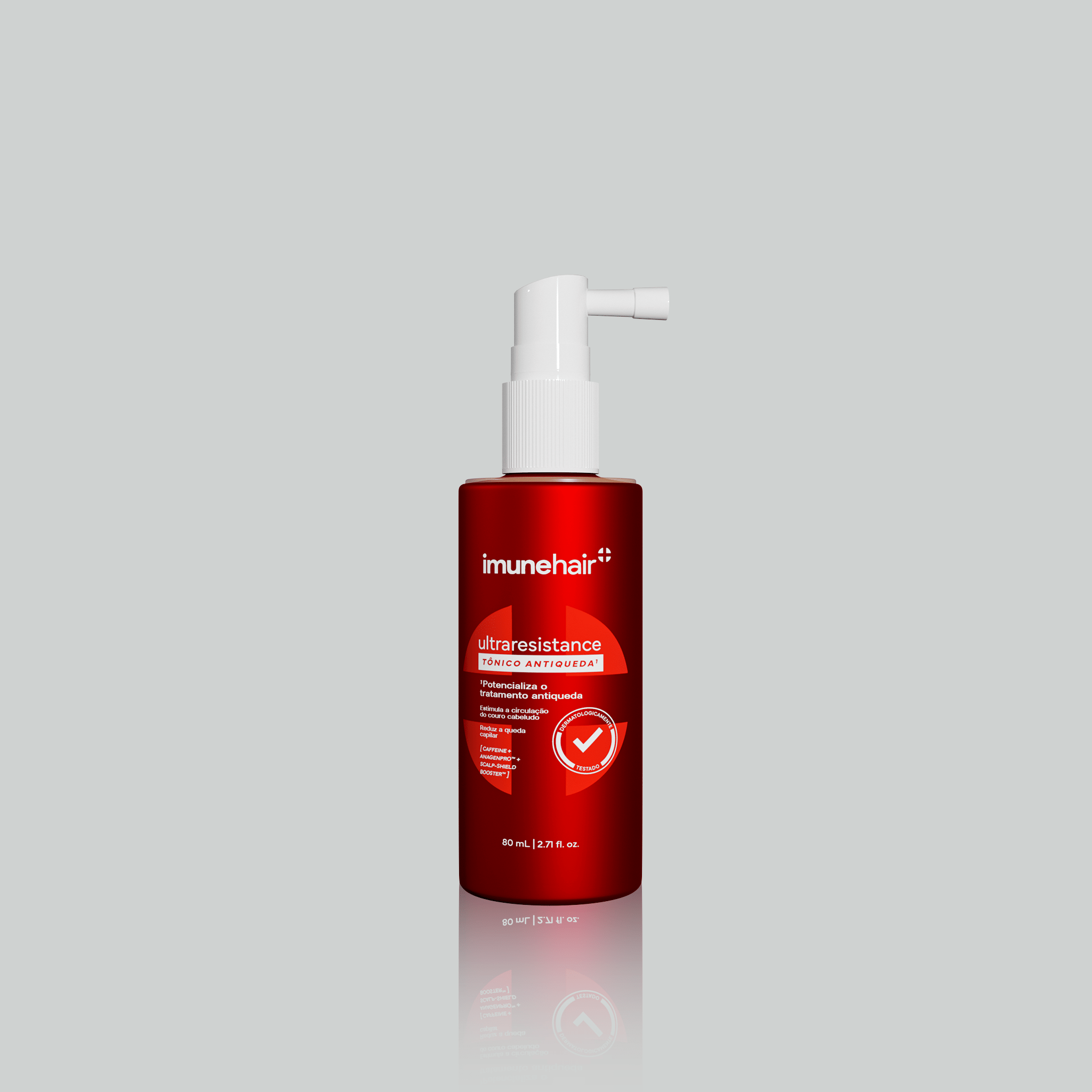Embalagem vermelha do tônico antiqueda com spray na ponta, escrito Ultraresistance Tônico Antiqueda de 80ml.