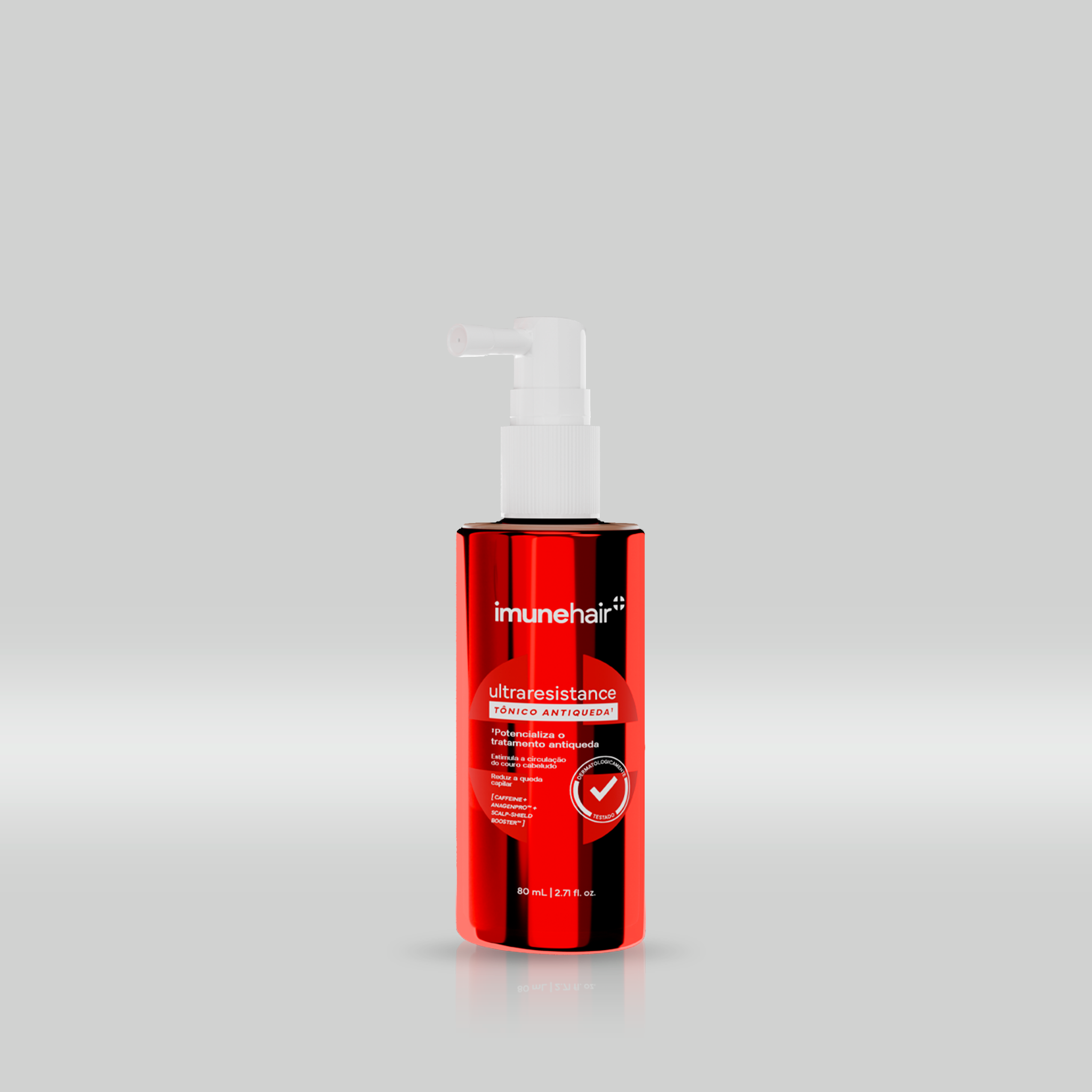 Embalagem vermelha do tônico antiqueda com spray na ponta, escrito Ultraresistance Tônico Antiqueda de 80ml.