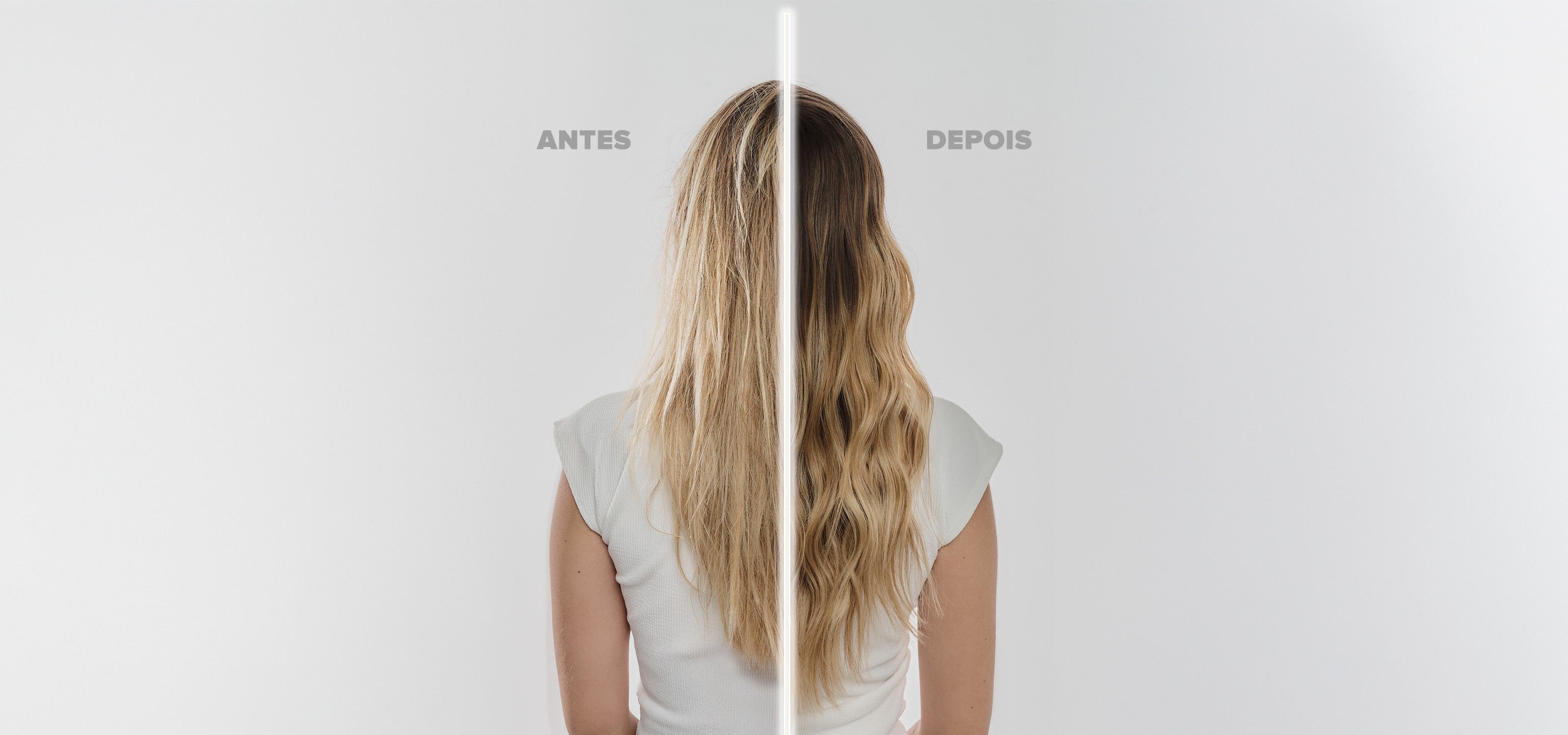 Imagem dividida ao meio, de uma pessoa loira. De um lado, um cabelo com frizz e sem brilho - antes de usar a Linha Pro Recovery RX - e do outro lado, um cabelo com vida, alinhado, brilhando e com as pontas seladas - após usar a Linha Pro Recovery RX.