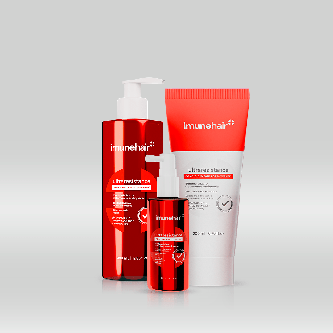 Embalagem vermelha do shampoo, condicionador e tônico, com os nomes UltraResistance Shampoo Antiqueda de 380ml, UltraResistance Condicionador Fortificante de 200ml e UltraResistance Tônico Antiqueda de 80ml.