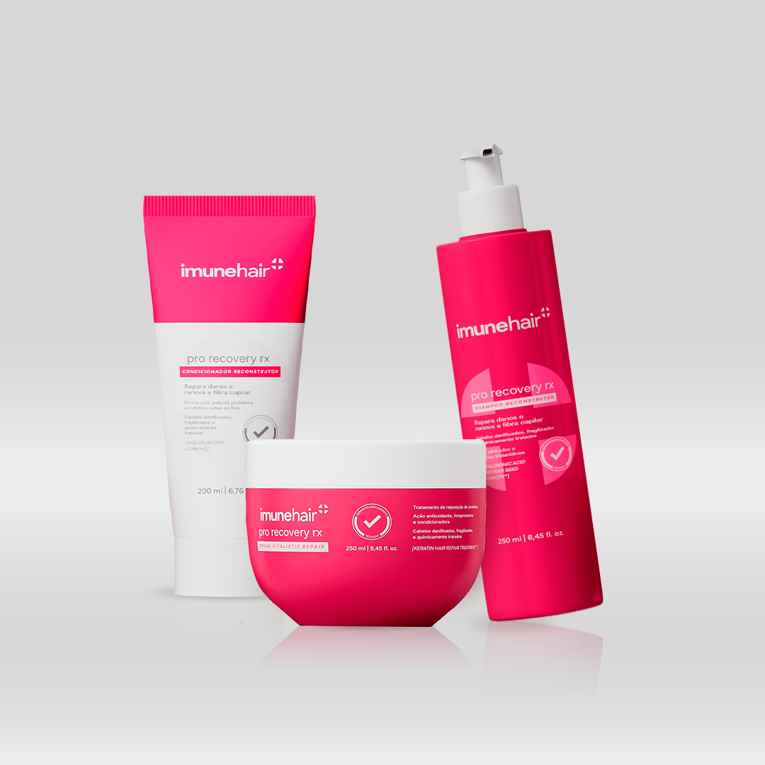 Embalagem rosa do shampoo, máscara e condicionador, com os nomes Pro Recovery RX Shampoo Reconstrutor de 250ml, Pro Recovery RX Creme Vitalistic Repair de 250g e Pro Recovery RX Condicionador Reconstrutor de 200ml.