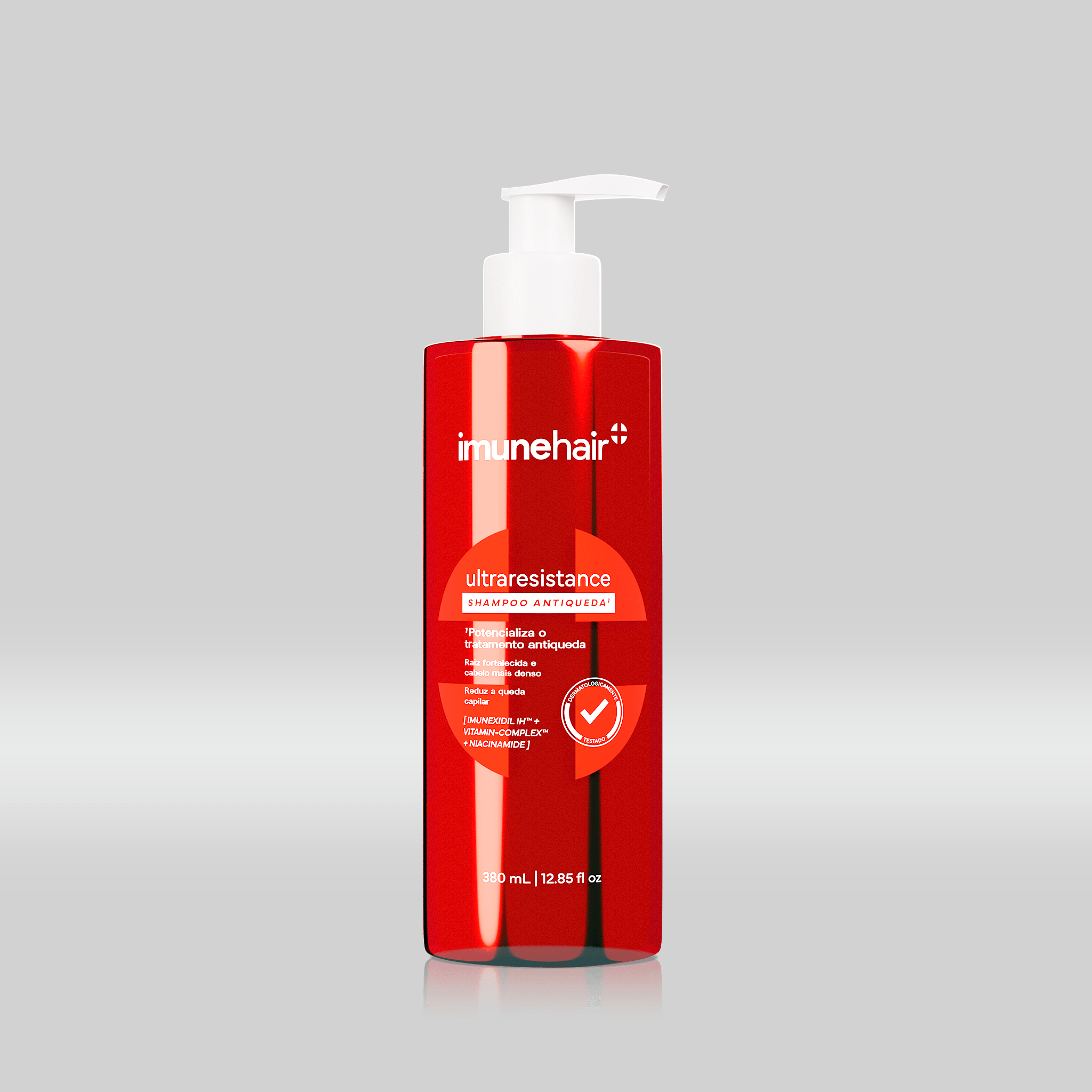 Embalagem vermelha do shampoo antiqueda, com o nome Ultraresistance Shampoo Antiqueda de 380ml.