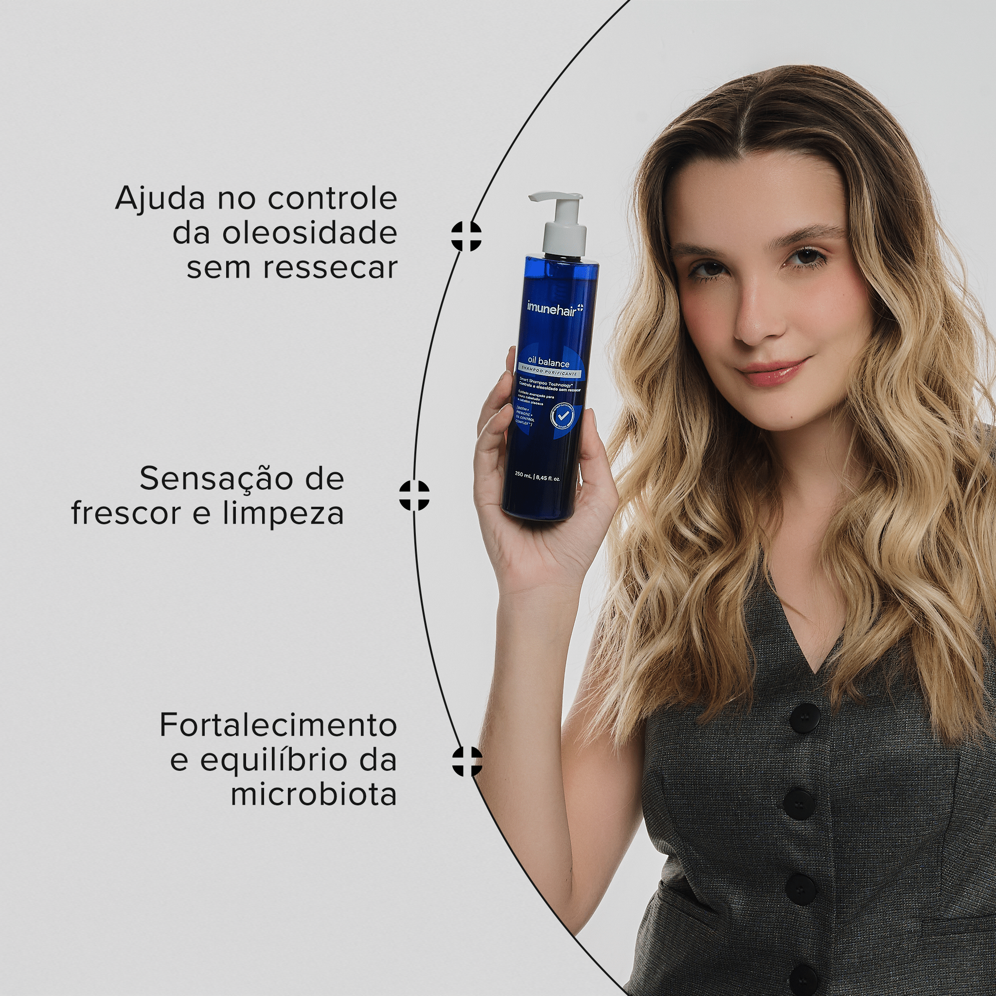 Mulher loira com shampoo azul de 250ml que ajuda no controle da oleosidade, limpa com frescor e fortalece o equilíbrio da microbiota.